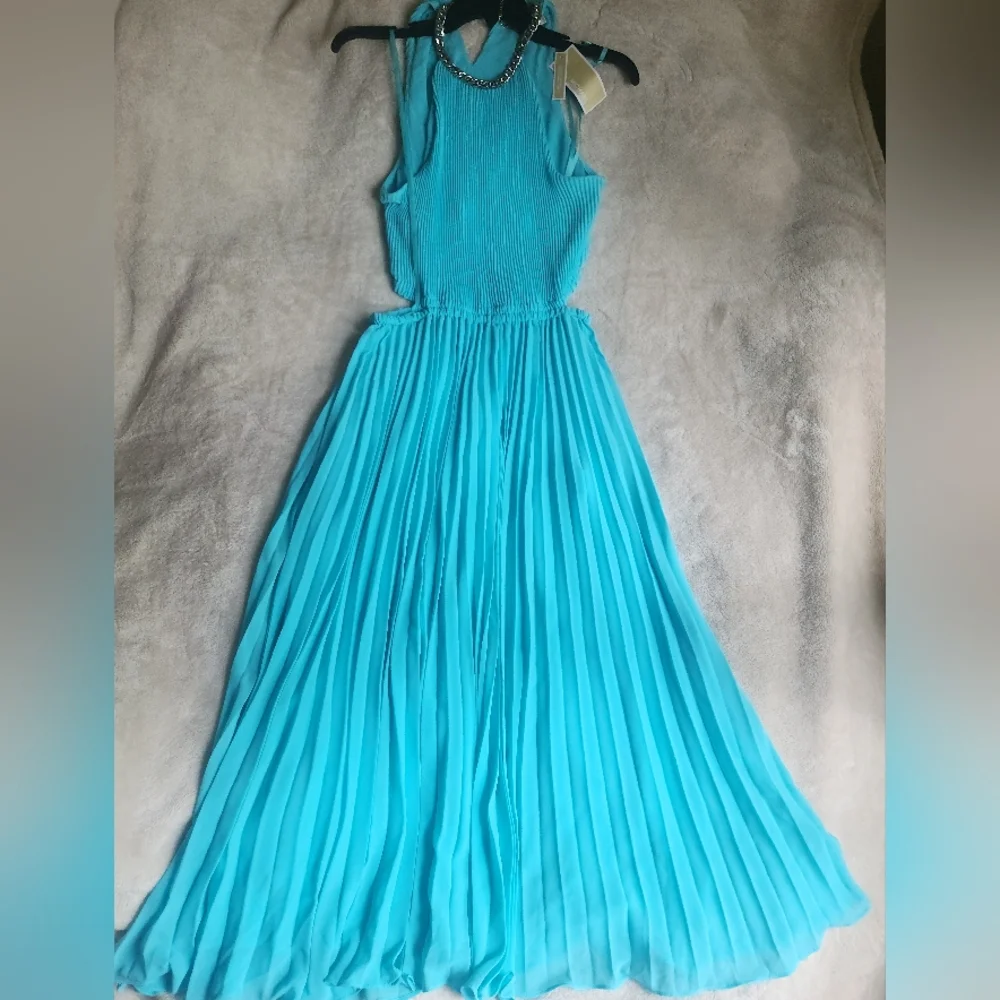 Michael Kors Halter Neck Pleated Cut-out Midi Dress turquoise Sz M & L…